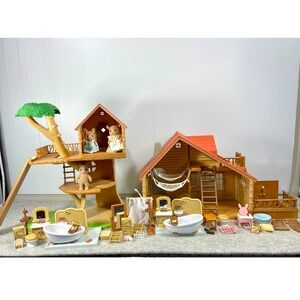Sylvanian Families Treehouse and Log Cabin + Accessories Lot Bundle